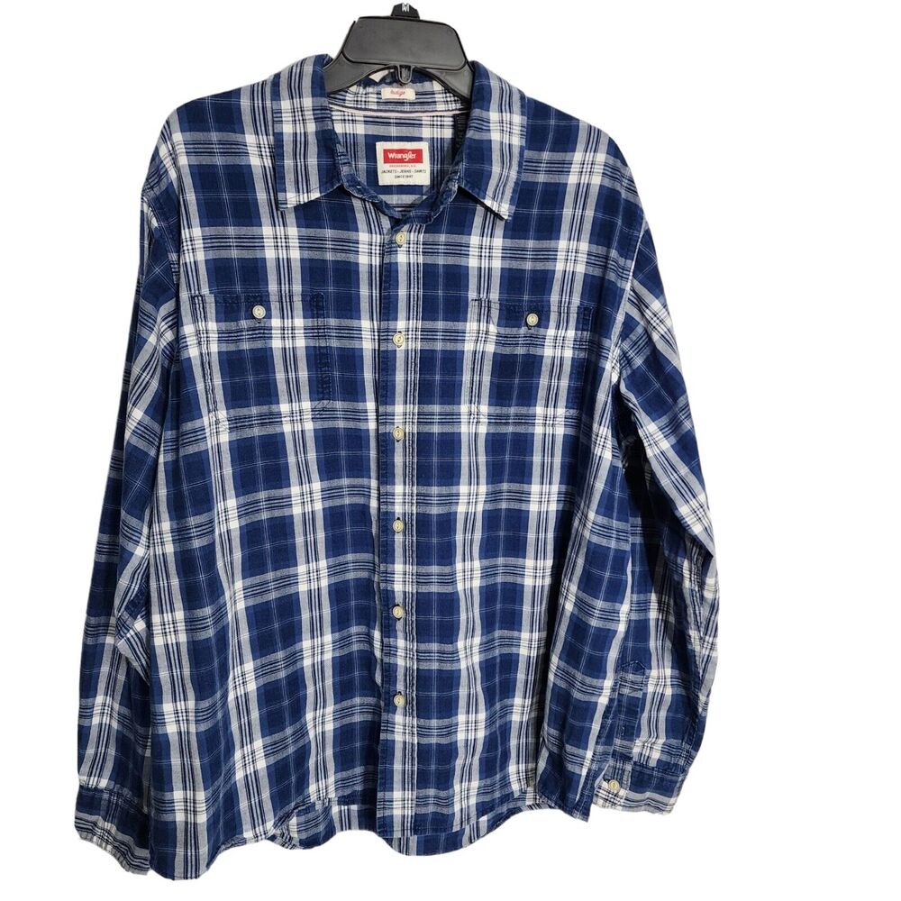 Wrangler Indigo Mens Shirt Size XL Blue Plaid Long Sleeve Button Cotton Pockets
